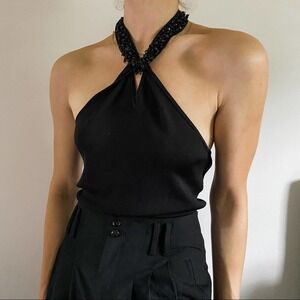 Ann Taylor Black Beaded Halter Neck Tank Top